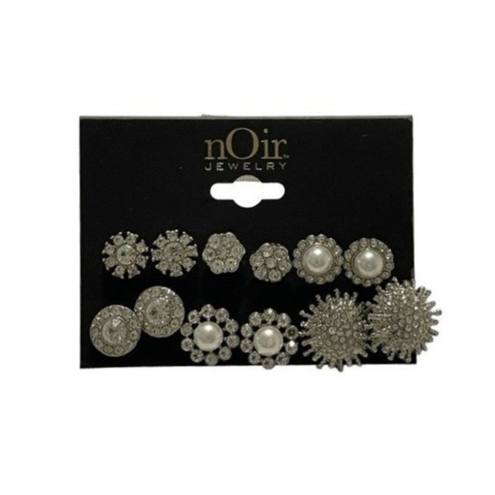Noir Rhinestone Occasion Earring Set‎ Silver Plated Brass Faux Pearls CZ 6 Pairs